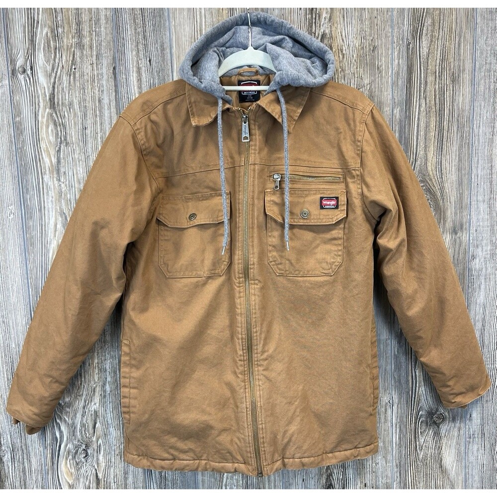 Wrangler Workwear Quilted Lined Shirt Jacket Duck Brown Grey Hood Men’s‎ Small